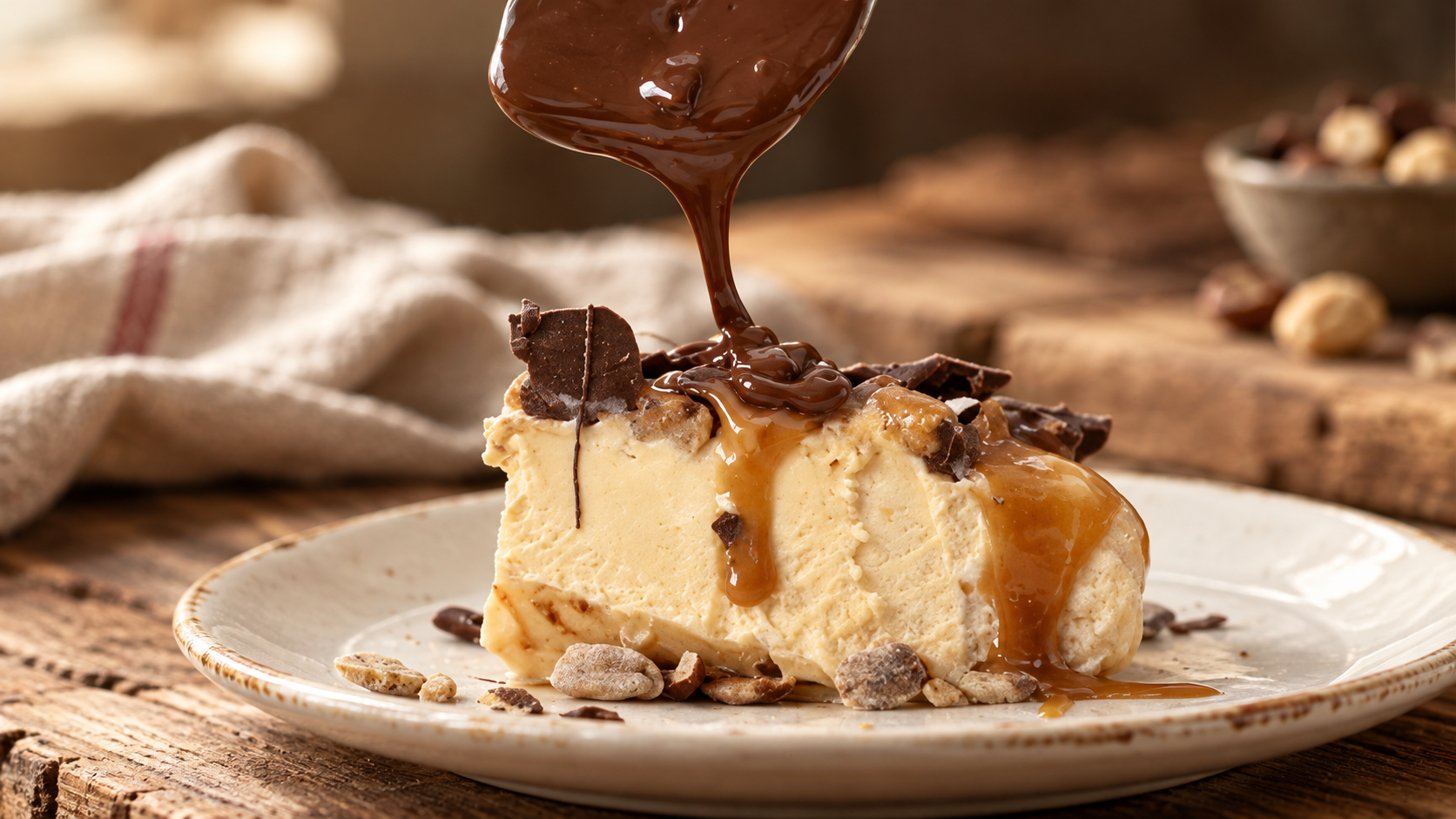 Porción de semifreddo artesanal con caramelo y chocolate fundido